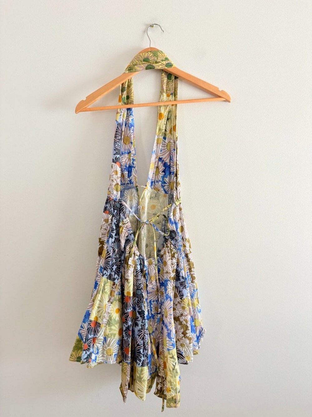 Zara Printed Floral Halter Mini Dress Cotton Blogger Yellow Blue Size Small - Picture 9 of 13